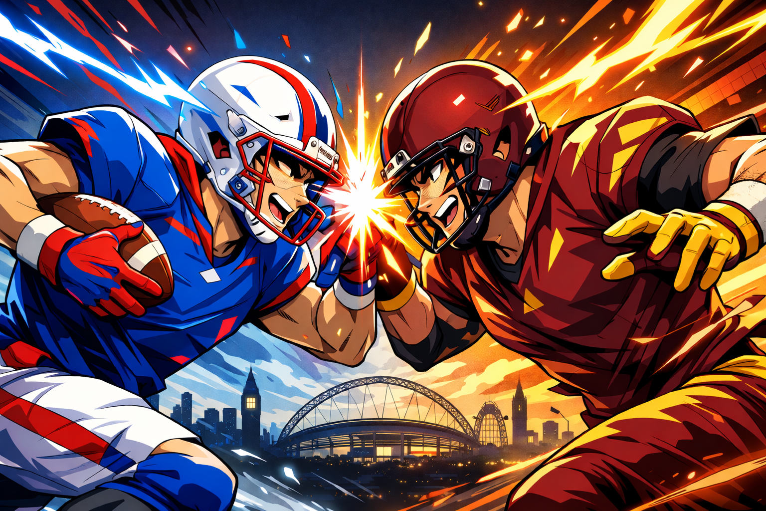Illustration of Arizona State and Kansas players facing off ahead of the 2026 Union Jack Classic at Wembley Stadium.