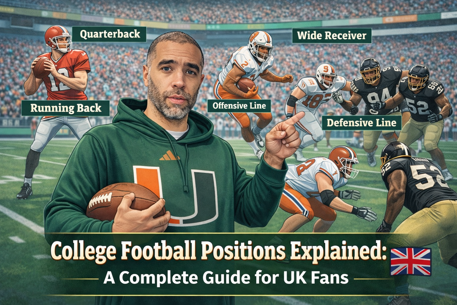 Illustrated image showing canes across the pond founder Jimmy. Surrounded by American football players and position names