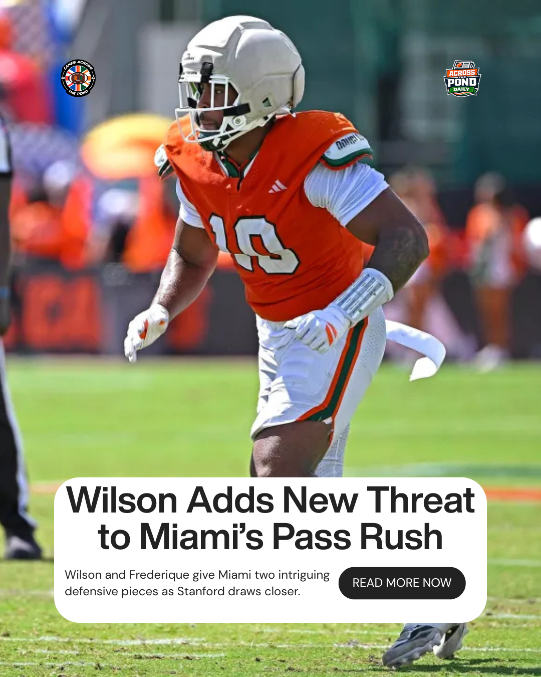 Across the Pond Daily graphic highlighting Damon Wilson II and Miami’s rebuilt pass rush ahead of the 2026 season.