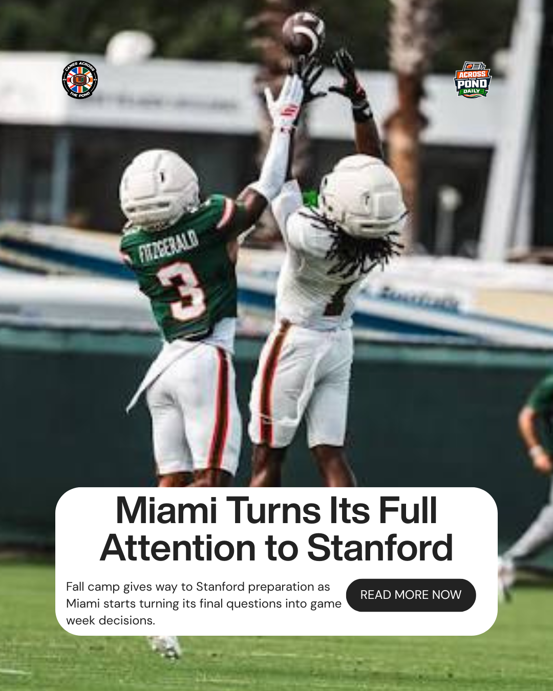 Across the Pond Daily graphic highlighting Miami’s shift from fall camp to Stanford game preparation.