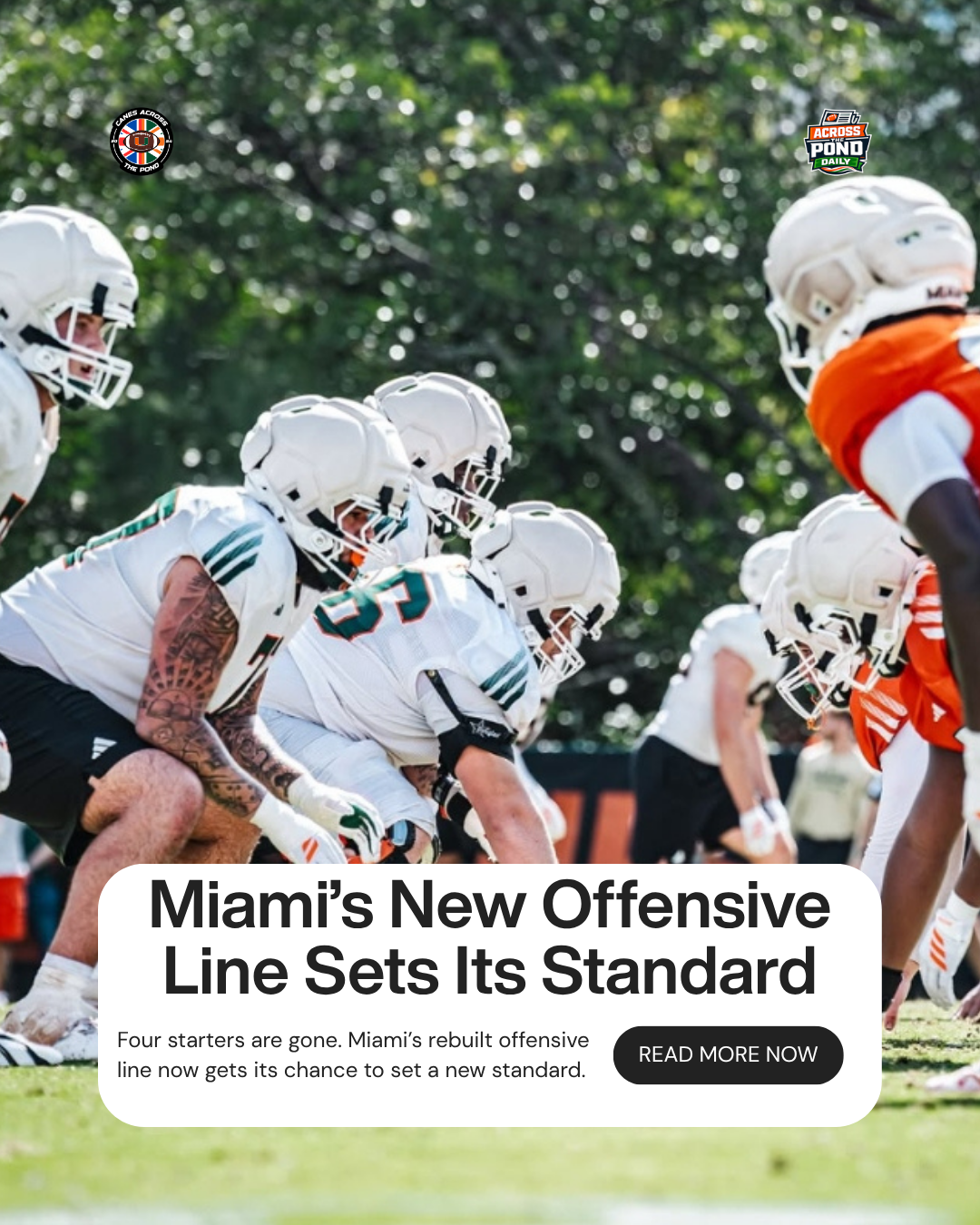 Miami Hurricanes offensive linemen line up during practice