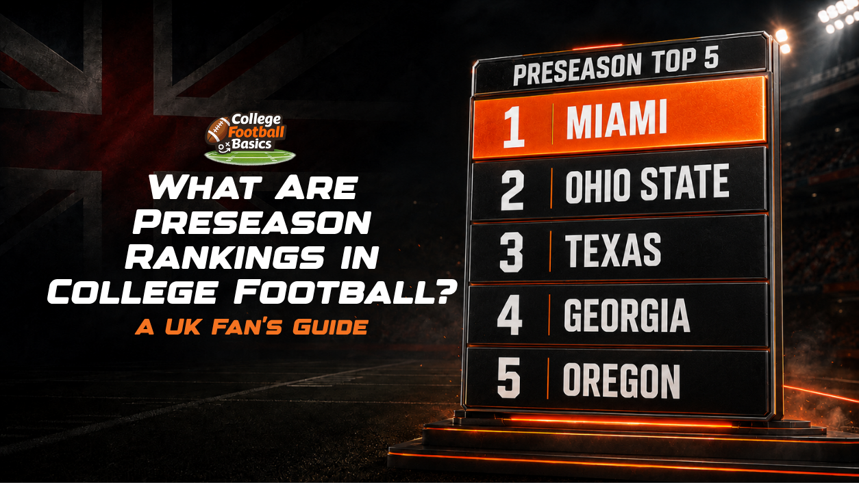College Football Basics graphic explaining preseason college football rankings and the AP Top 25 for UK fans.