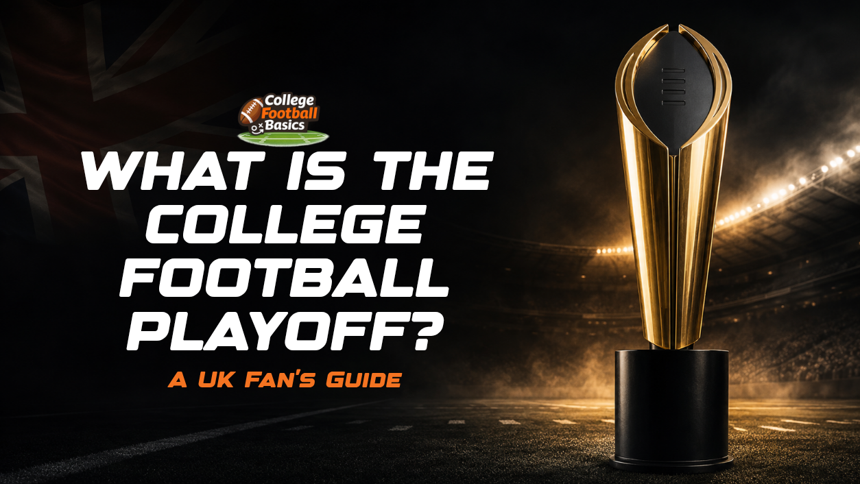 College Football Playoff championship trophy featured in a dark stadium graphic alongside a subtle Union Jack.