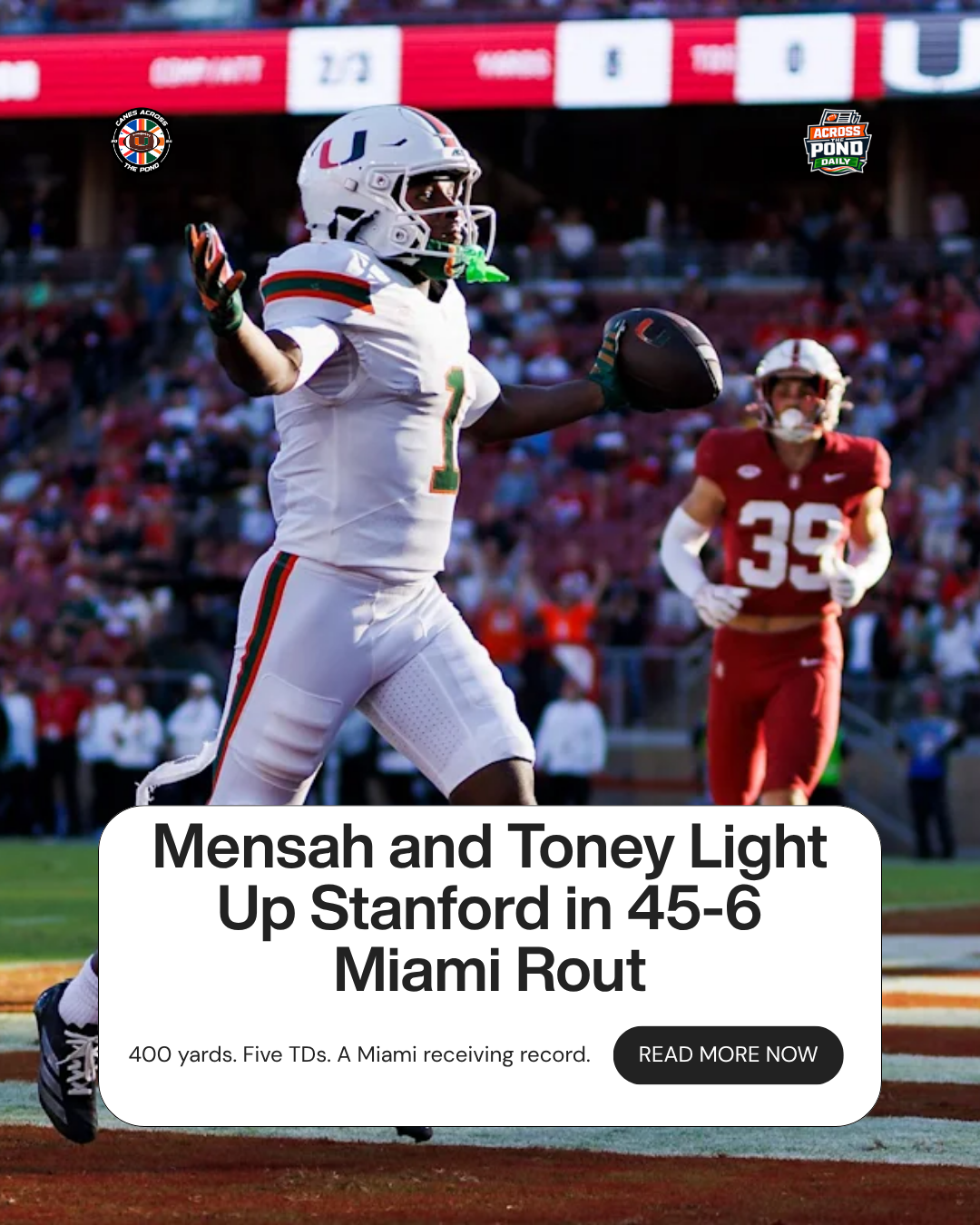 Across the Pond Daily: Mensah and Toney Light Up Stanford in 45-6 Miami Rout