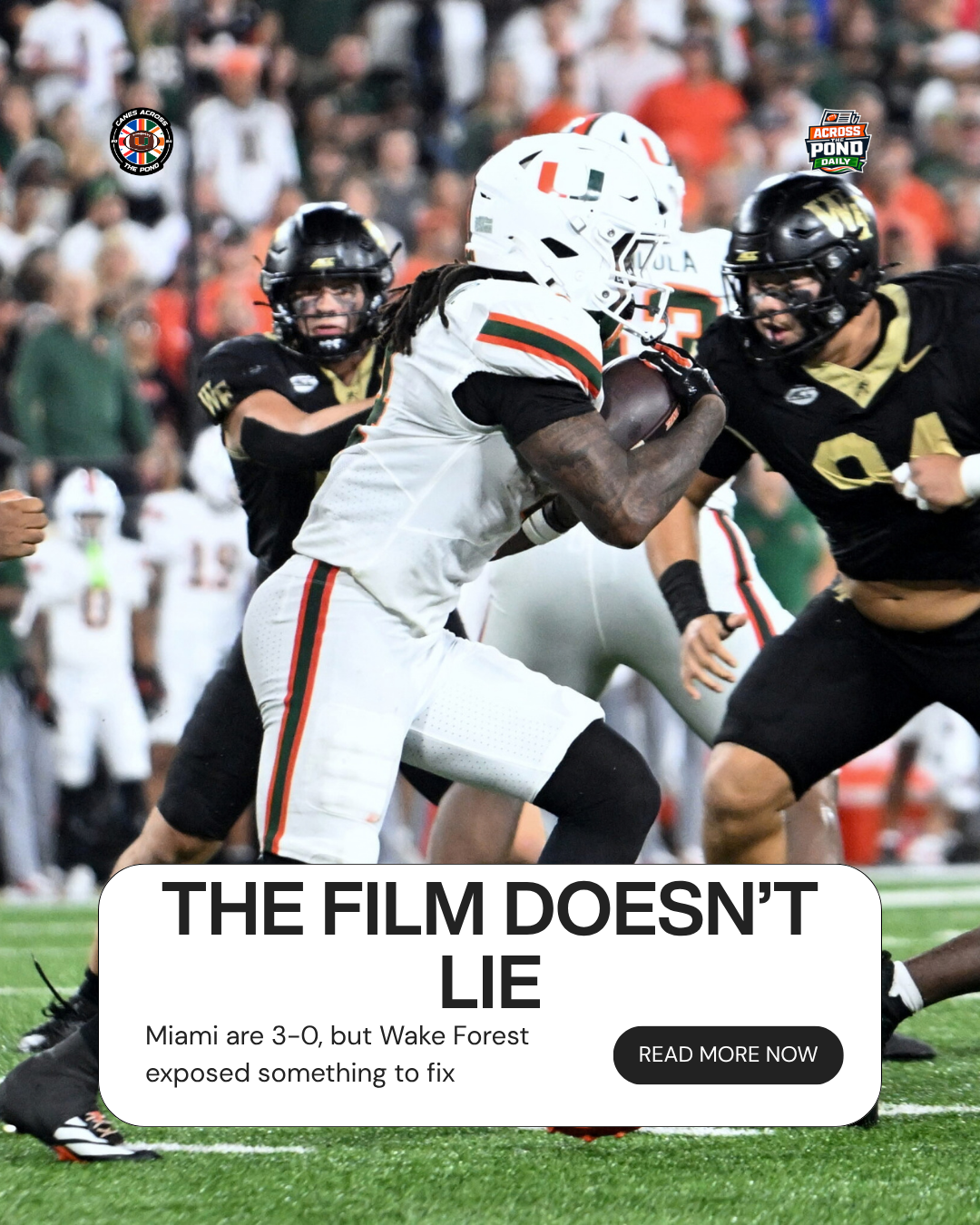 Miami vs Wake Forest film-review graphic highlighting good play and warning signs.